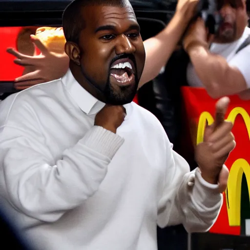 Prompt: kanye west shouting and screaming frantically at mcdonalds drive trough employee