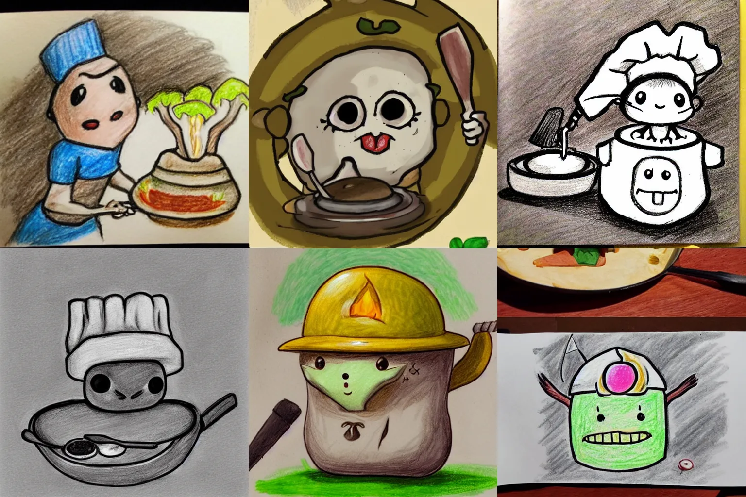 Prompt: a cute drawing of a korok wearing a chefs hat cooking with a skillet