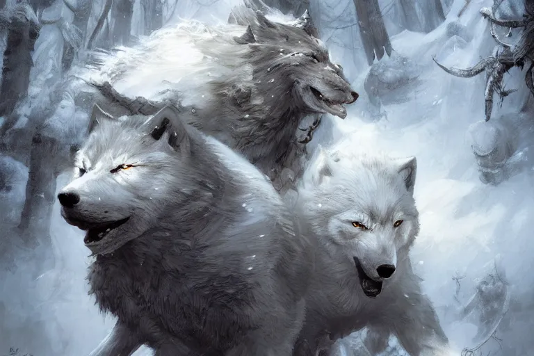 Image similar to white wolves running in white snow painted by Bastien Lecouffe-Deharme and Cedric Peyravernay, trending on artstation, Frank Frazetta, 4k, 8k, HD