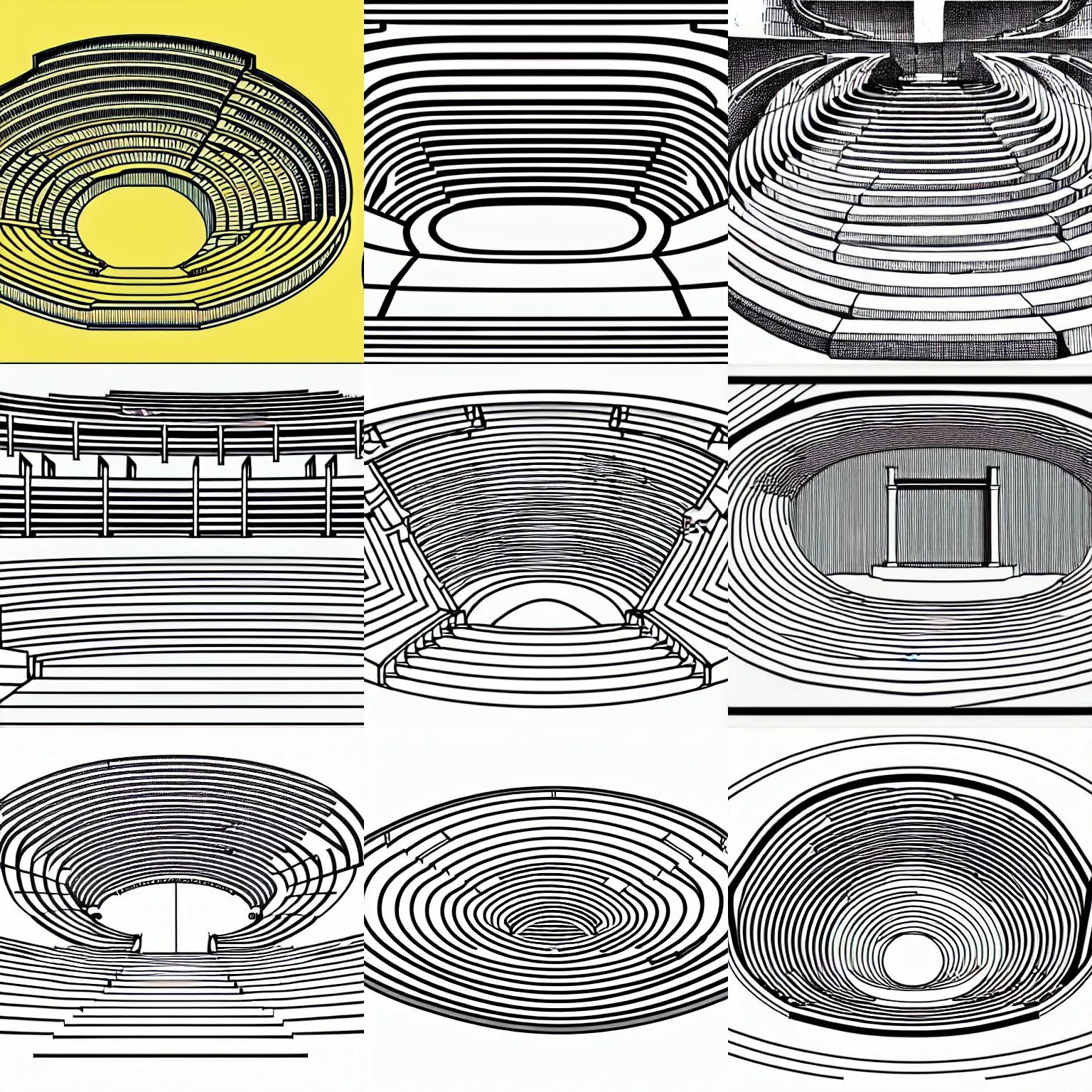 Prompt: a stephen biesty cross - section through the stairs of a simplified smooth shaded ancient greek amphitheater line drawing in the style of pavlov visuals, precise! vector trace, 3 / 4 extra - wide shot, occlusion, white background