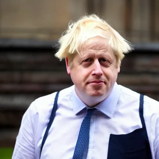 Image similar to boris johnson looking depressed while wearing a maid dress