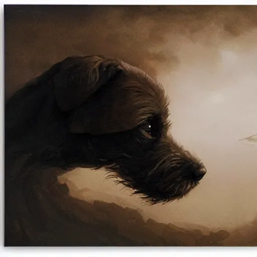 Prompt: the side view of the head of a dog, a little terrier, inside the silhouette shadow of a side view of the head of a huge dragon, beautiful fantasy painting by greg rutkowski