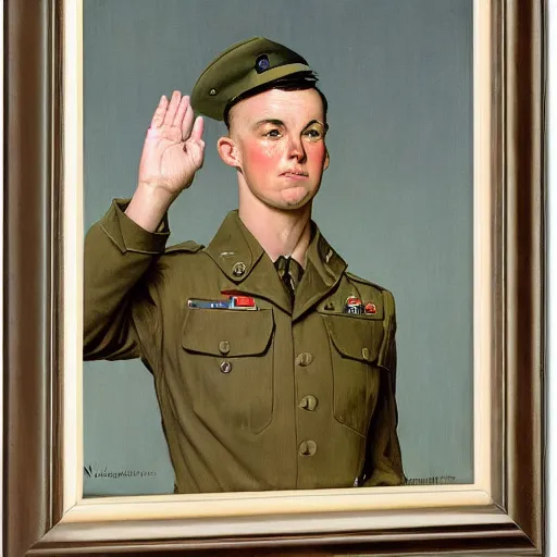 Prompt: frontal portrait of a soldier giving a military salute, but doing the loser hand gesture, by Norman Rockwell