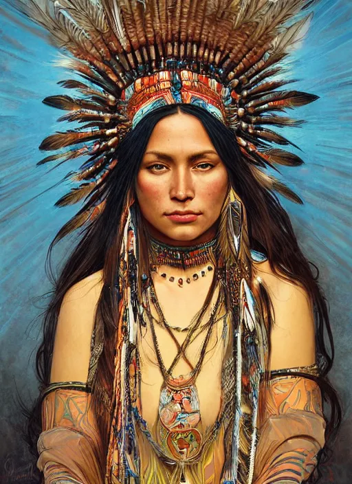 Prompt: beautiful native american woman wearing an elaborate headdress, intricate, elegant, highly detailed, centered, digital painting, artstation, concept art, smooth, sharp focus, illustration, art by android jones and donato giancola and alphonse mucha