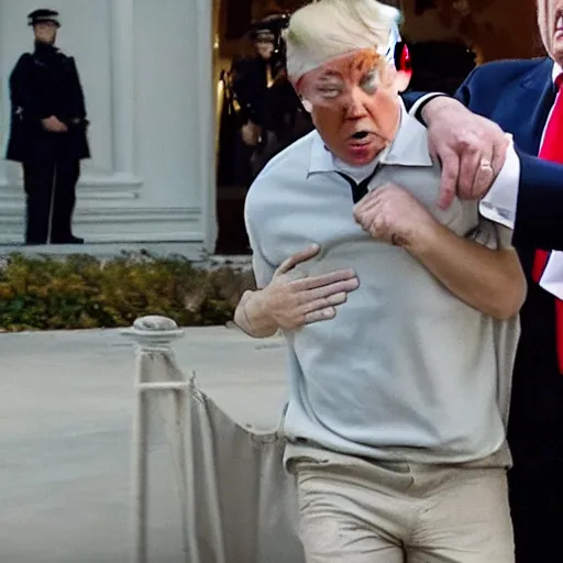 Prompt: News still of Donald Trump being handcuffed and arrested at mar-a-lago