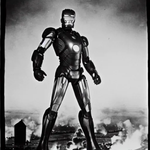 Prompt: iron man during the hindenburg disaster, grainy photo