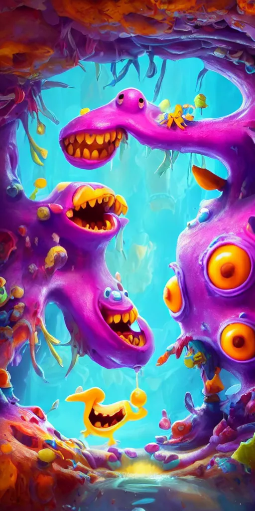 Image similar to rayman and ori in a colorful deep sea cave with strange cute friendly happy creatures with huge eyes, mouth, long tongue and round teeth appearing from sandy coral, in the style of gehry and gaudi, macro lens, shallow depth of field, ultra detailed, digital painting, trending artstation, concept art, illustration, cinematic lighting, photorealism, epic, octane render