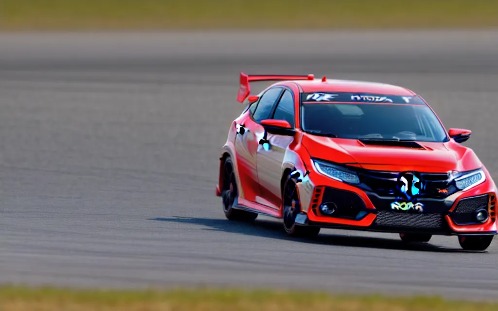 Prompt: digital photo of a Honda Civic Type-R racing on a track, closeup 3 quarter front view