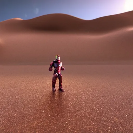 Image similar to iron man in the desert, metallic, photorealistic, shiny, sandy, sand everywhere, metal, rustic iron and copper, sand dunes, marvel