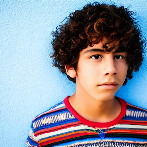 Prompt: “portrait of Teenage Mexican boy with curly hair and blue eyes”