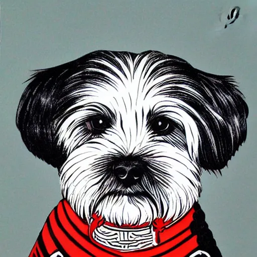 Image similar to Tlingit Haida lithographic, havanese dog red and black white only, lithograph print