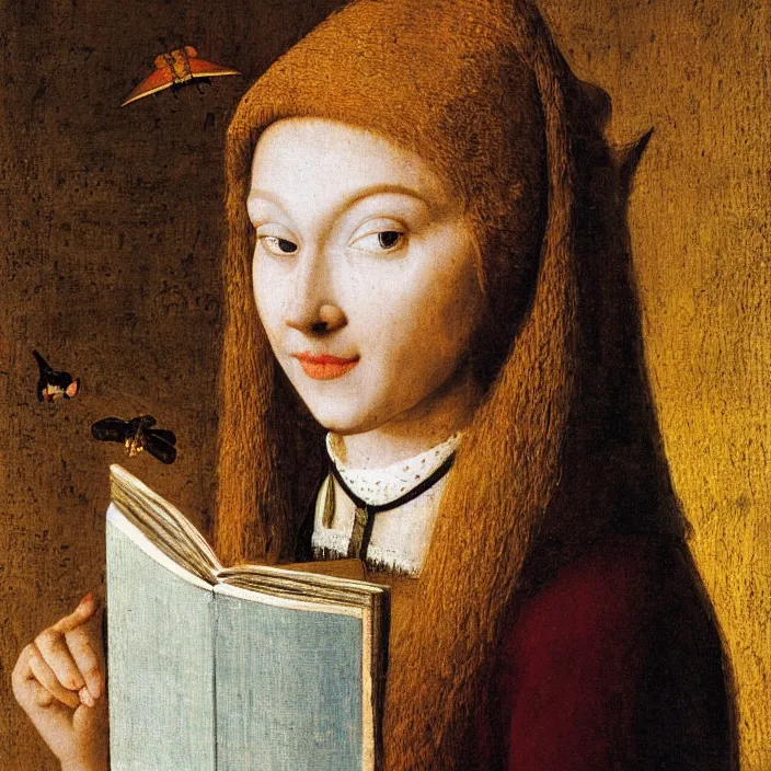 Prompt: close up portrait of a joyful young woman with her head resting on a book. with moth. sunset. jan van eyck