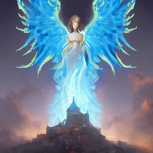 Image similar to a painting of a blue flaming angel in the middle of a citadel, artstation