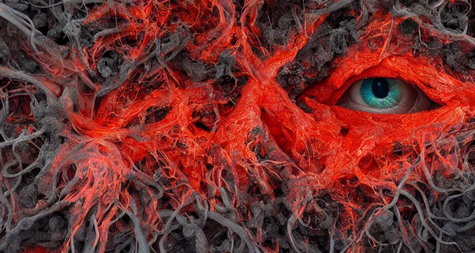 Image similar to a volcano made of ivory vines and crimson rocks enters in eruption, it spits a smoke in the shape of demonic eye, by Alyssa Monks