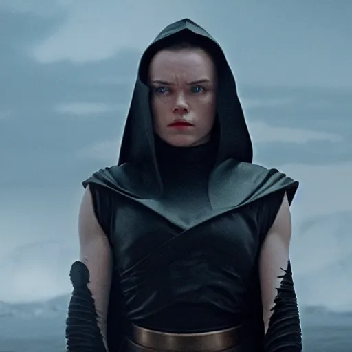 Image similar to movie still of daisy ridley as sith empress wearing a black satin robe and metal belt with dark eyeliner make - up as if she was crying, sweaty, detailed eyes, neutral expression, shallow depth of field, photorealistic, cinematic lighting, lovely bokeh, dark moody light, strong rim light, movie quality, star wars