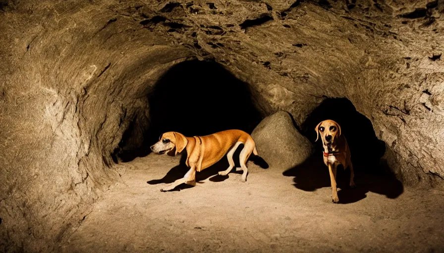 Prompt: a photo of a hound dog, in a dark cave, photography