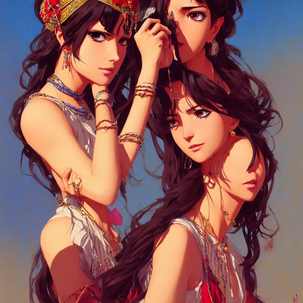 Image similar to a comic full body portrait of an gypsy girl, fine - face, realistic shaded perfect face, fine details, jewelry, night setting. very anime style. realistic shaded lighting poster by ilya kuvshinov katsuhiro, magali villeneuve, artgerm, jeremy lipkin and michael garmash, rob rey and kentaro miura style, trending on art station