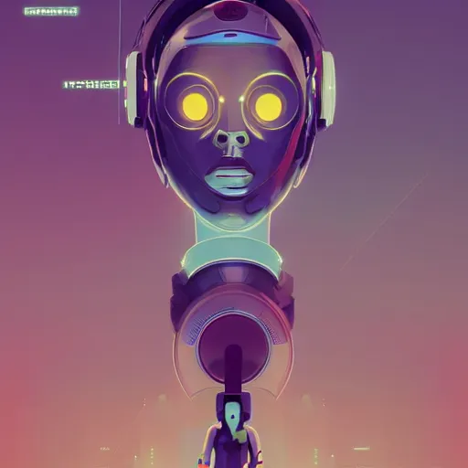 Image similar to a graph - style woman walking across a lush green field, a huge robot head in front of her, cyberpunk art by by james gilleard, cgsociety, retrofuturism, synthwave, retrowave, outrun