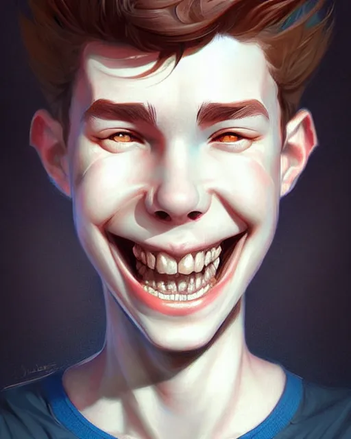 Image similar to digital art, fantasy portrait of a boy with a large smile, by James Jean and by artgerm, by ross tran , ultradetailed, charachter design, concept art, trending on artstation,