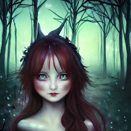 Image similar to focus face portrait of beautiful darkness witch 3D anime girl, dark forest background, snowing, bokeh, inspired by Tim Burton, digital painting, high contrast, unreal engine render, volumetric lighting, high détail