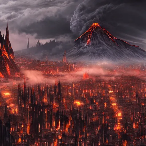 Image similar to mordor as a bustling city, highly detailed, sharp focus, skyline, vast, gothic, lord of the rings, mount doom, 4 k, fantasy