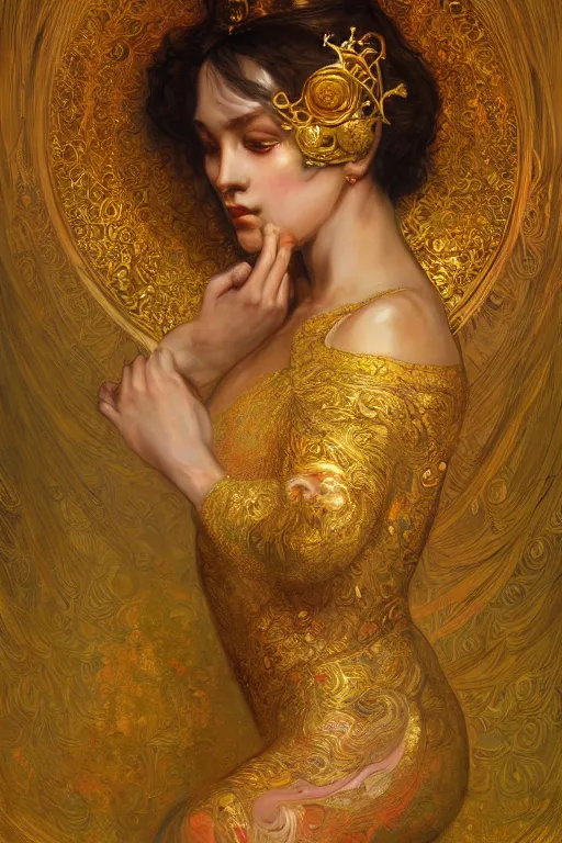 Image similar to an intricate artistic pose painting of a beautiful young goddess with an artistic sensual pose with klimt golden motives and textures, hyper detailed, ornamental gold headpiece, octane render, vivid colors, artstation, by jeremy mann, by alphonse mucha, by boris vallejo