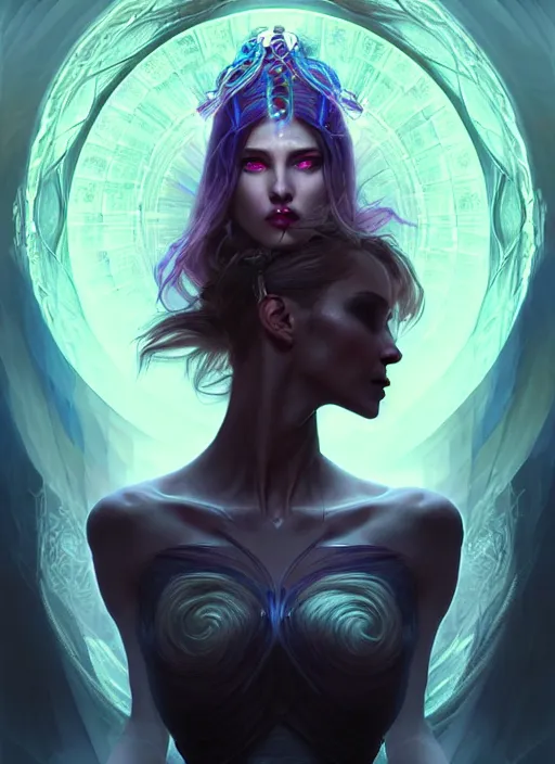 Image similar to a beautiful cinematic female Necromancer Sorceress, galatic shamen with Quantum energy fantasy, fantasy magic, undercut hairstyle, dark light night, intricate, elegant, sharp focus, illustration, highly detailed, digital painting, concept art, matte, art by WLOP and Artgerm and Greg Rutkowski and Alphonse Mucha, masterpiece