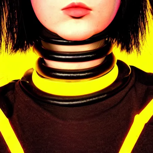 Image similar to detailed realistic female character cyberpunk wearing thick steel collar around neck, realistic, art, beautiful, 4K, collar, choker, collar around neck, punk, artstation, detailed, female, woman, choker, cyberpunk, neon, punk, collar, choker, collar around neck, thick collar, choker around neck, wearing choker, wearing collar, face, detailed face, neon makeup,