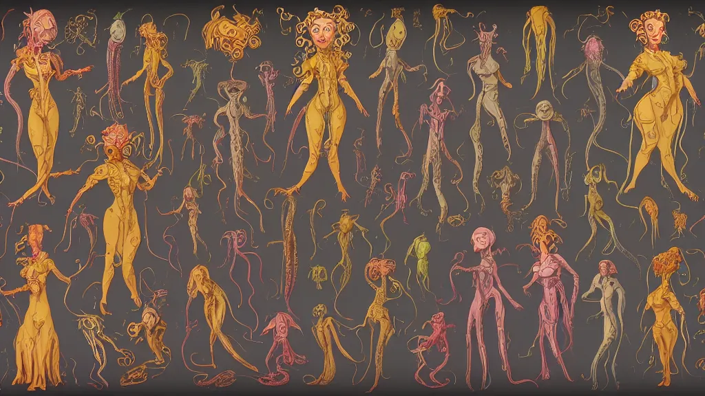 Prompt: highly detailed colorful character sheet for a stocky alien extraterrestrial victorian female servant maid with thick snake - like tentacles instead of hair, long dress with apron, mucha, ernst haeckle, jim henson creature shop, digital art, trending on artstation, hd, 8 k, good lighting, beautiful, rough paper, masterpiece