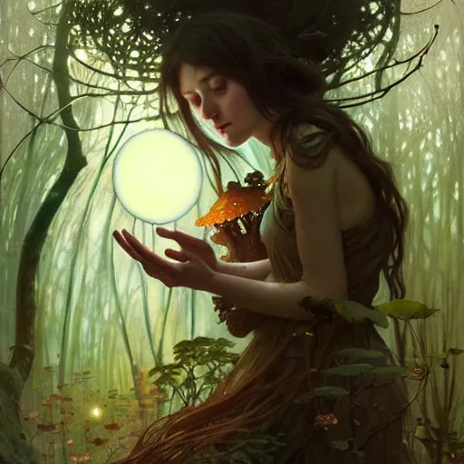 Image similar to A girl surrounded by magical mushrooms in an old forest setting with a full moon above her head, face, intricate, elegant, highly detailed, digital painting, artstation, concept art, smooth, sharp focus, illustration, art by Krenz Cushart and Artem Demura and alphonse mucha