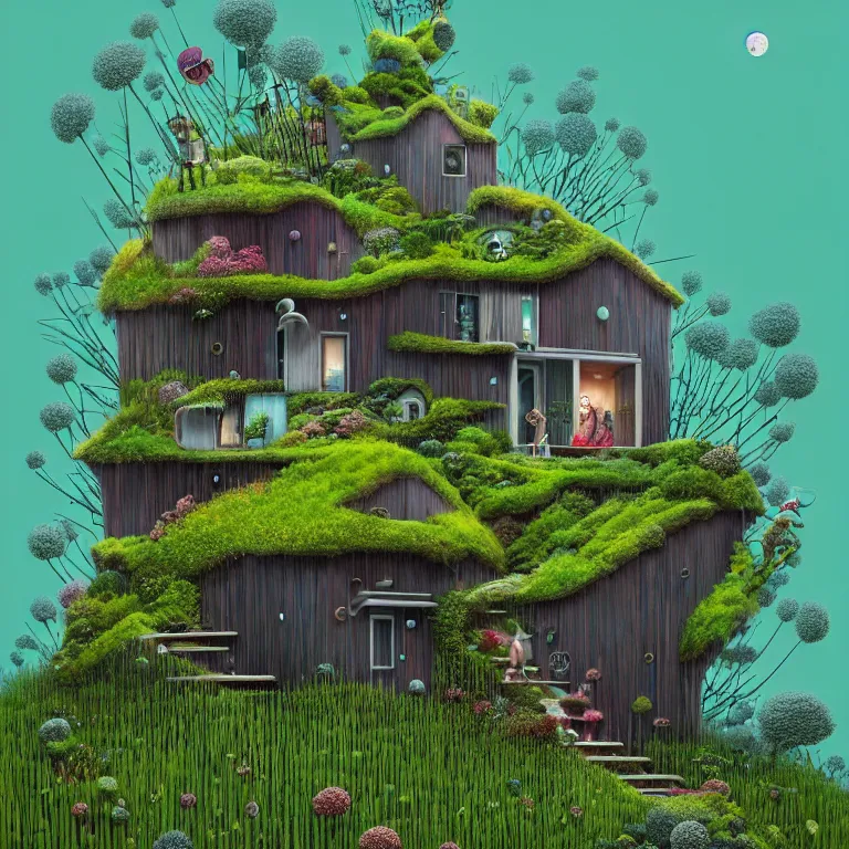 Image similar to tiny house by kengo kuma on island sea cloud surreal art by gediminas pranckevicius geof darrow jason naylor, dark shadows, hard lighting, floralpunk flower green plants garden, inking etching screen print, masterpiece artstation, sharp, colorful high contrast hd, 8 k hyper detailed, octane render