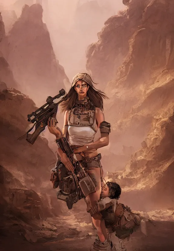 Image similar to scavenger girl hunting in the desert concept art, symmetrical, rule of three, detailed body, detailed face, ultradetailed digital illustration, 8 k, epic atmosphere, digital art by dang my linh and simon cowell