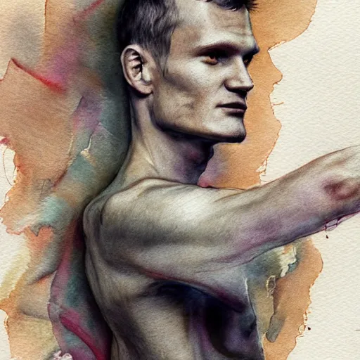 Prompt: full body sketch of vitalik buterin, perfect anatomy, full body, watercolor background, pencil art, ink and pencil, hyperrealistic, hyperdetailled, digital art, greg rutkowski, artstation, 8 k, beautiful drawing, paper texture, spray paint, watercolors