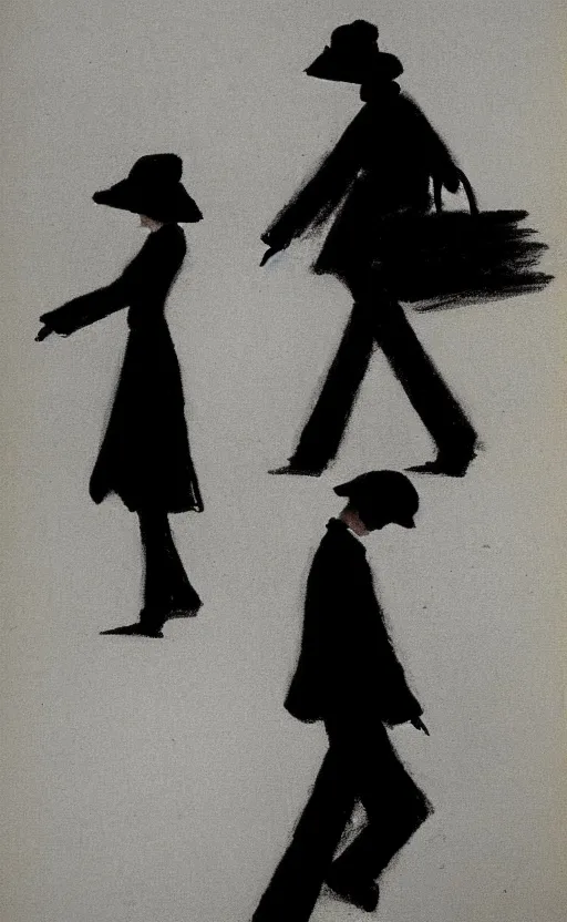 Image similar to symmetry!! black and white silhouette drawing of a person walking, white background by stanhope forbes