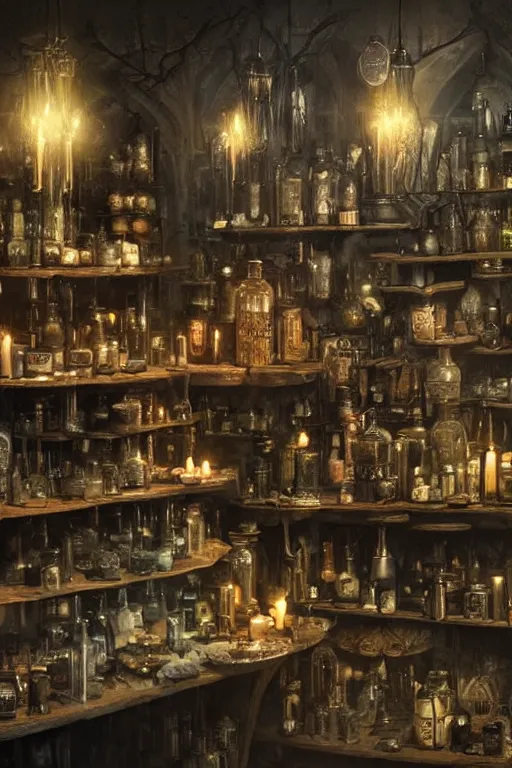 Prompt: a matte painting gothic curiosity shop with bottles of potions and flickering candles on the counter by greg rutkowski