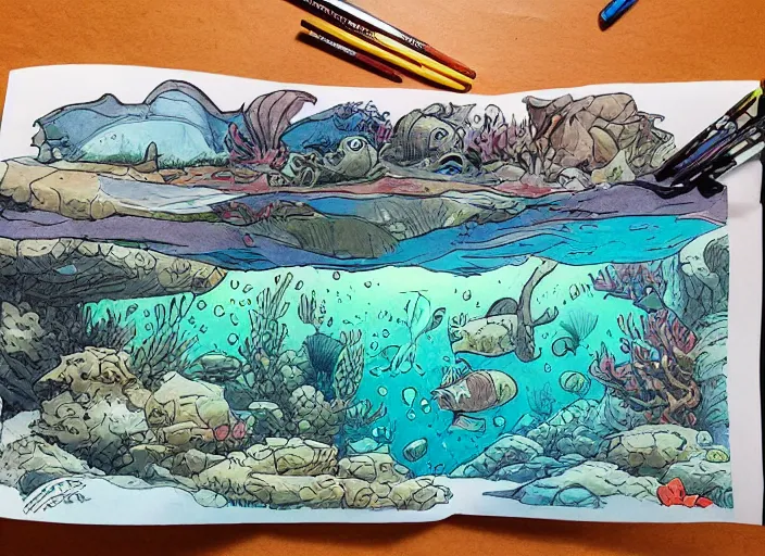 Prompt: illustration of an underwater landscape, (inktober), line art, ((water color)), by Bill Waterson, By Jake Parker, ((by Brian Kesinger))