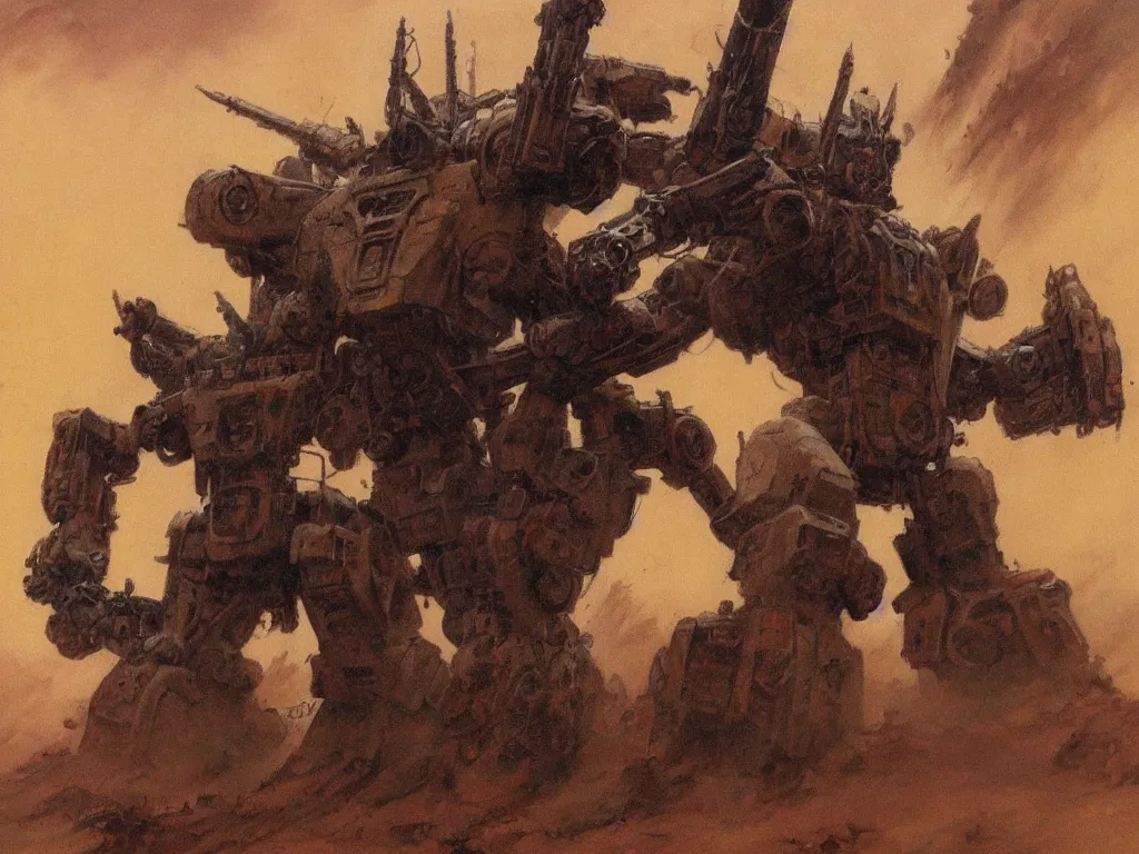 Prompt: mecha in a sandstorm by Frank Frazetta