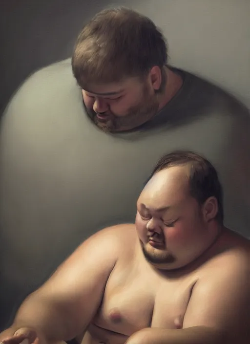 Image similar to insanely detailed chiaroscuro image of a sleepy - looking chubby programmer guy on his knees facing his glowing ultrawide monitor begging it for forgiveness, oil on canvas, masterwork, fine detail, trending on artstation, emotive, insanely compelling, ryden, koons, moebius