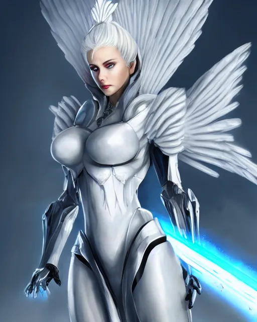 Image similar to perfect white haired attractive egyptian goddess with huge white dove wings, warframe armor, beautiful, symmetric, charlize theron, half asian, pretty face, blue eyes, cyborg, scifi platform, laboratory, experiment, 4 k, ultra realistic, epic lighting, android body, illuminated, cinematic, masterpiece, art by akihito tsukushi, voidstar