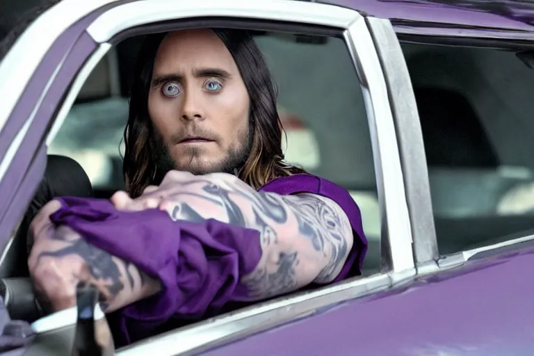 Image similar to medium full shot of jared leto as a white gang member wearing a purple head covering made from a polyester or nylon material and a white tank top inside a car doing a drive - by shooting in the new movie directed by ice cube, movie still frame, arms covered in gang tattoo, promotional image, critically condemned, top 1 5 worst movie ever imdb list, public condemned, relentlessly detailed