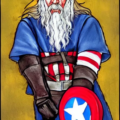 Image similar to gandalf as captain america, painting