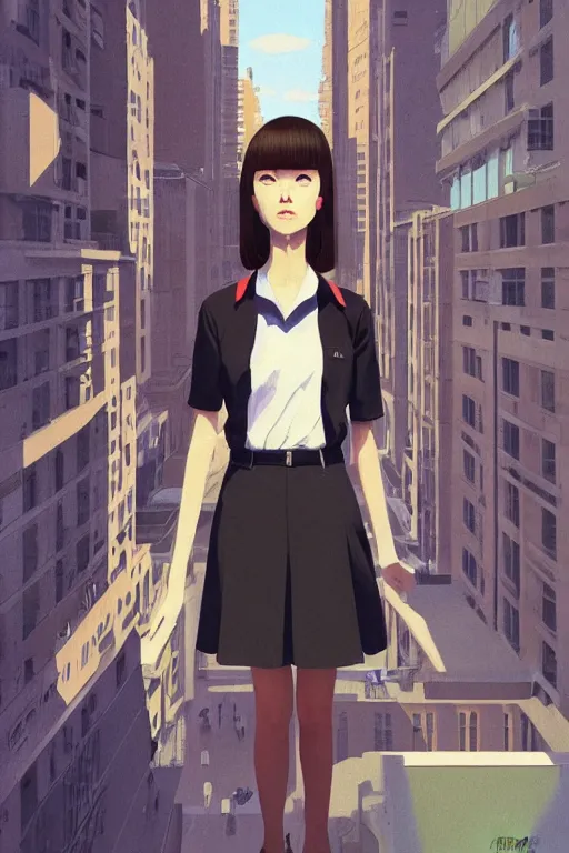 Image similar to a cute giantess wearing school uniform standing in the city which seem small, bird's eye view, strong brush stroke, sharp focus, illustration, morandi color scheme, art station, by ilya kuvshinov