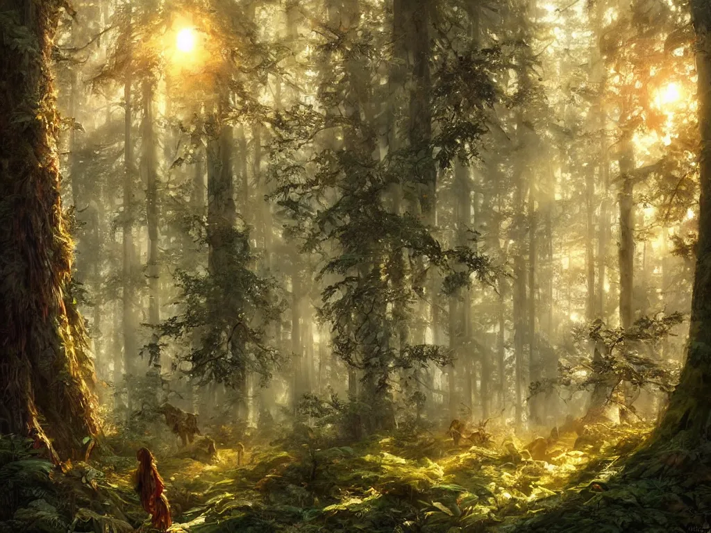 Image similar to Painting of a fantasy forest with mushrooms and thick redwood trees with sun glares and flares bursting through the gaps in the trees, intricate, wild, highly detailed, digital painting, artstation, concept art, smooth, soft focus, illustration, art by artgerm and greg rutkowski and alphonse mucha