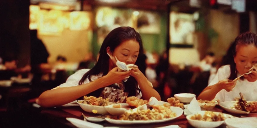 Prompt: “Bambi eating rice and fried shrimp in Chinese restaurant, realistic, 35mm film still, masterpiece”