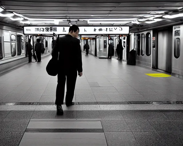 Prompt: a lonely weary business man taking the subway home after a late night at the office in japan