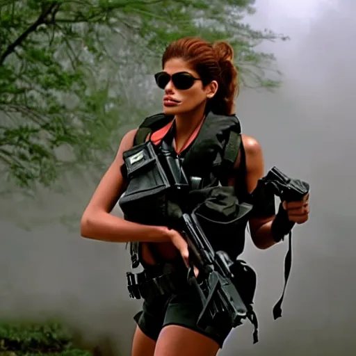 cinematic action scene with eva mendes as a commando