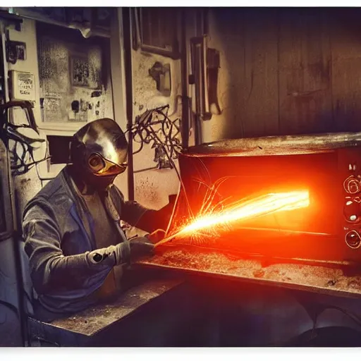 Image similar to cyborg toaster oven repairman, dark messy smoke - filled cluttered workshop, dark, dramatic lighting, orange tint, sparks, plasma rays, cinematic, highly detailed, sci - fi, futuristic, movie still