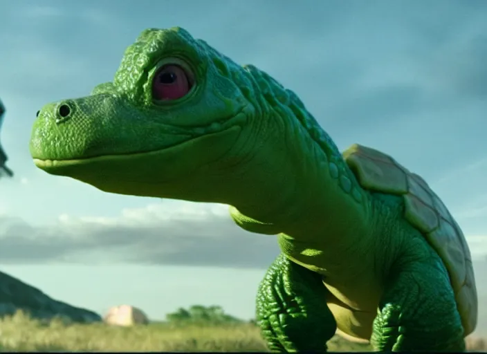 Image similar to film still of yoshi in the new sci - fi movie, cute upright dinosaur with a small turtle shell and long tongue, 8 k