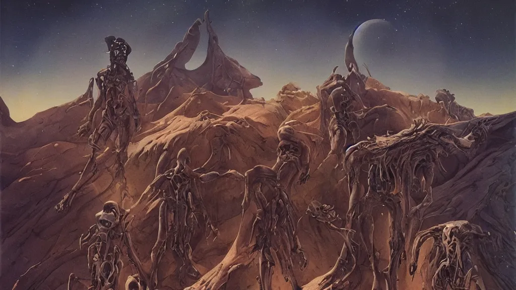 Image similar to explorers on an eerie atmospheric evolving alien planet by gerald brom and vincent di fate, epic cinematic matte painting