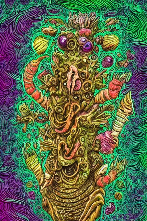 Image similar to creature sushi roots cactus elemental flush of force nature micro world fluo light deepdream a wild amazing steampunk baroque ancient alien creature, intricate detail, colorful digital painting